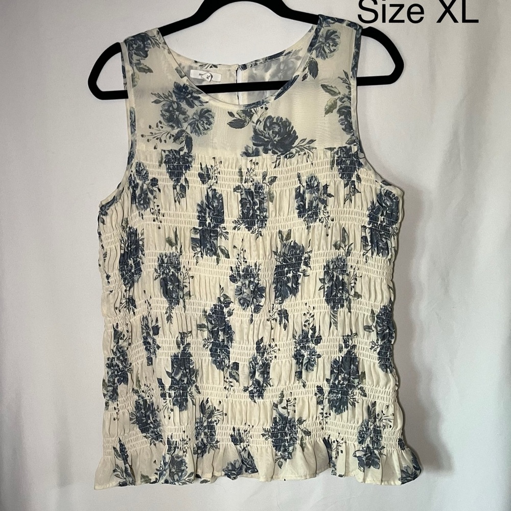 Floral Sleeveless Top - Blue and Cream